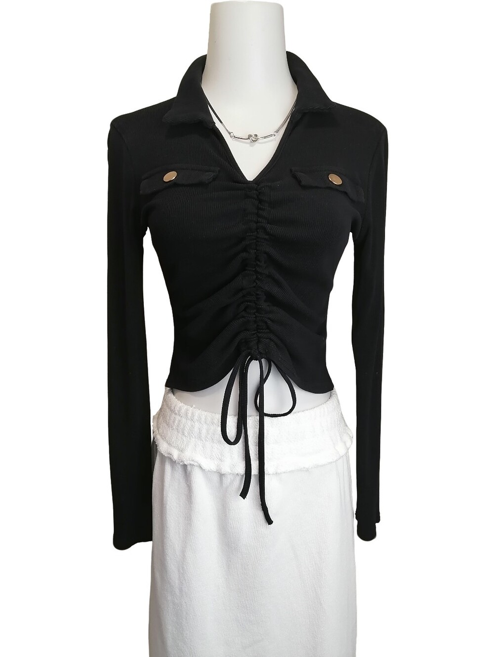 🐨🐨Black Cotton Ribbed Ruched Drawstring Long Sleeve Cropped Top